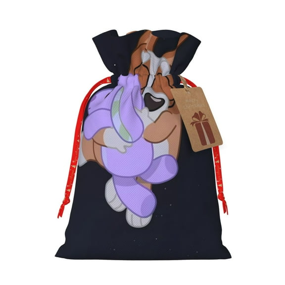 Masiiu Bluey Print Christmas Gift Bag, Burlap Drawstring Pouch with Kraft Paper Card for Holiday, Party, and Birthday Wrapping-Small