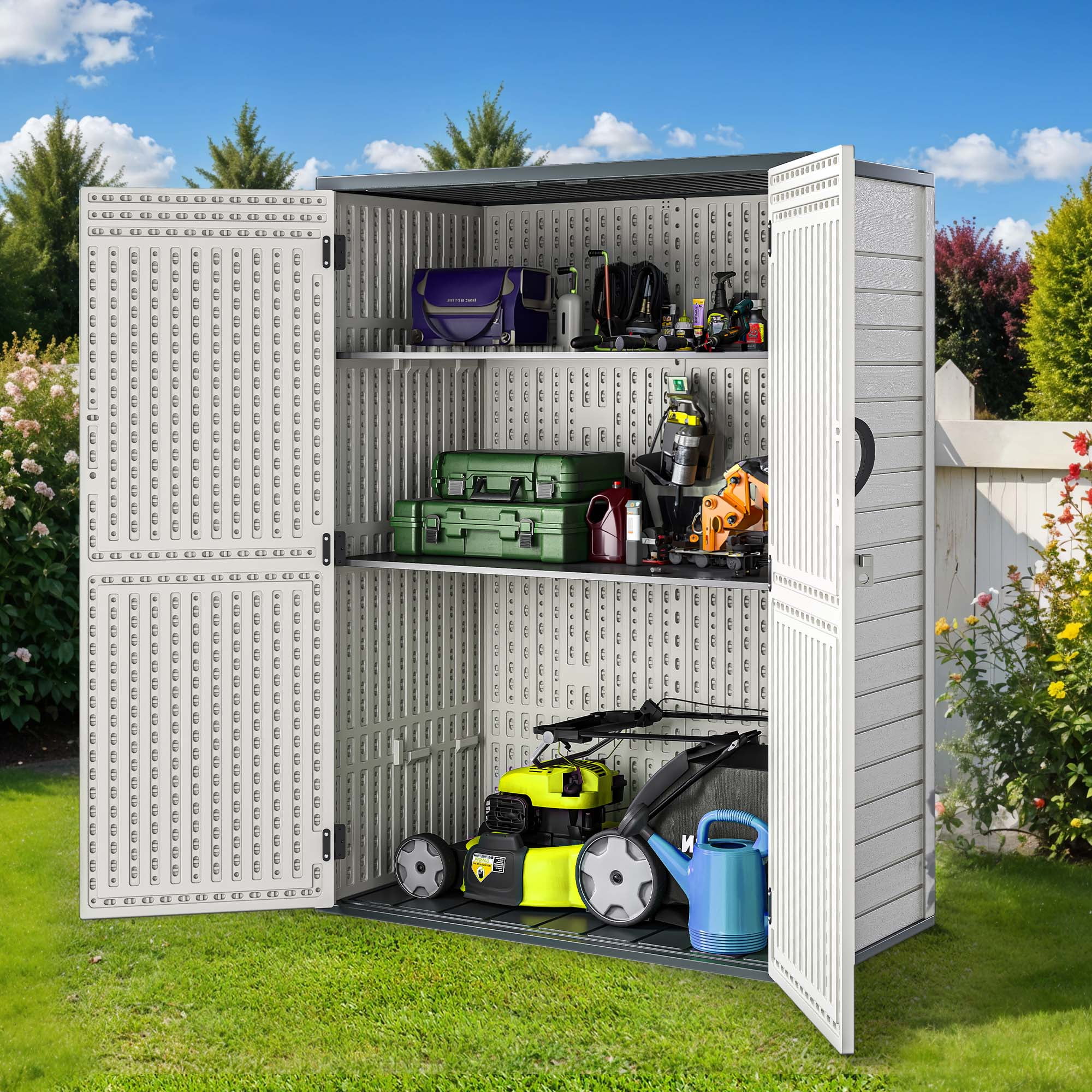 Uforic Outdoor Storage Shed, 59 Cu Ft Tool Shed Ideal for Garden, Garage & Patio, Lockable Door, Off-White