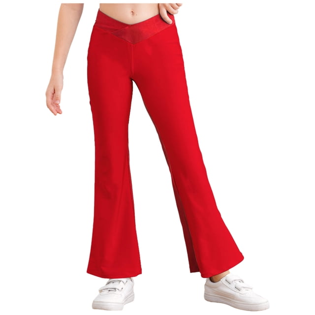 iiniim Pantalons Évasés pour Filles, Taille Élastique avant, Leggings de Danse Yoga Athlétiques, Pantalons de Danse Rouges 14