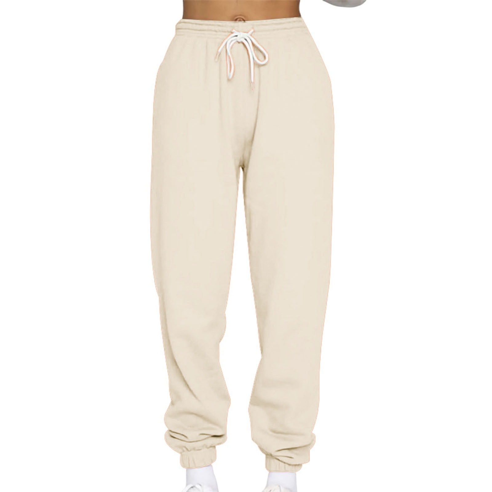 AUTOMET WomenAs High Waisted Sweatpants Baggy Fleece Lined Lounge Pants  comfy Wide Leg Drawstring Joggers with Pockets Beige