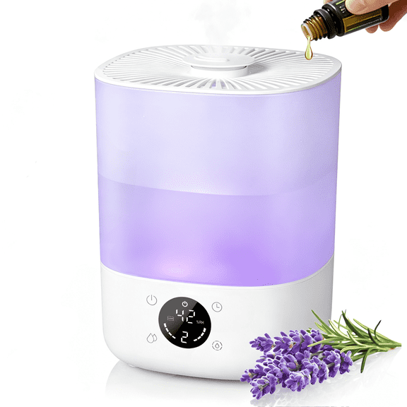 AIRFIRE 4L Cool Mist Humidifier with Auto Humidity Control and Timer for Large Room, Essential Oil Diffuser Air Humidifiers for Bedroom, Overnight Use, Quiet Run, Night Light, White