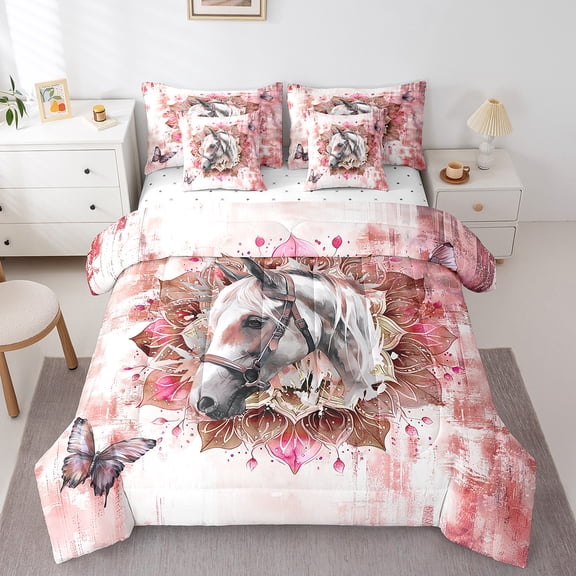 7-Piece Farm Horse Bedding Twin Size Teens Adults Safari Animal Print Comforter Set,Hippie Mandala Bedding Comforter Sets Red Gradient Bed in a Bag,Boho Flower Floral Bedding