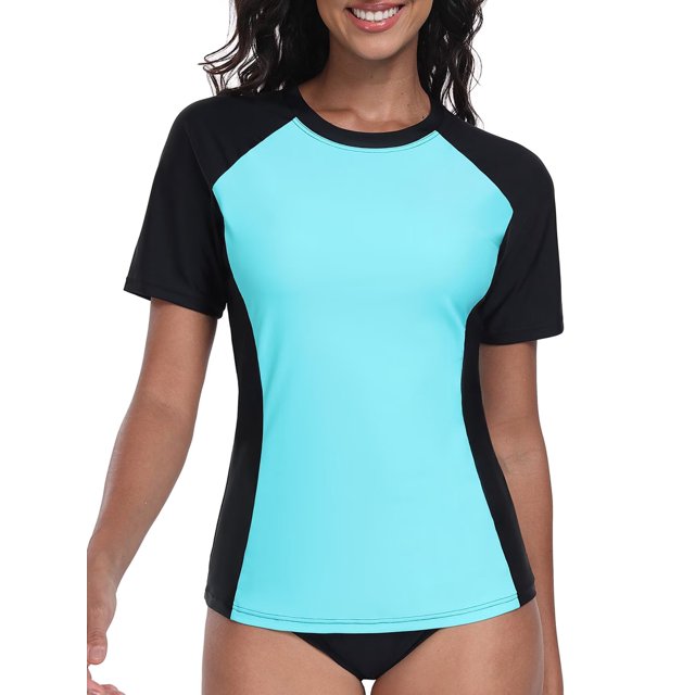 Charmo Color Blocked Swimsuit Tops for Womens Sun Protection UPF 50+ Rash Guard Quick Dry Running Swim Shirts