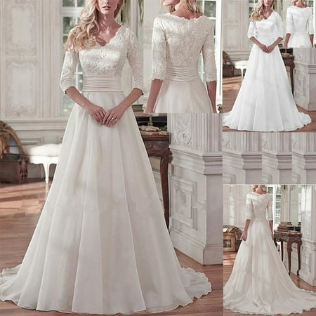 Lovaru Women S Chiffon A Line Sweep Train 3 4 Sleeve Wedding
