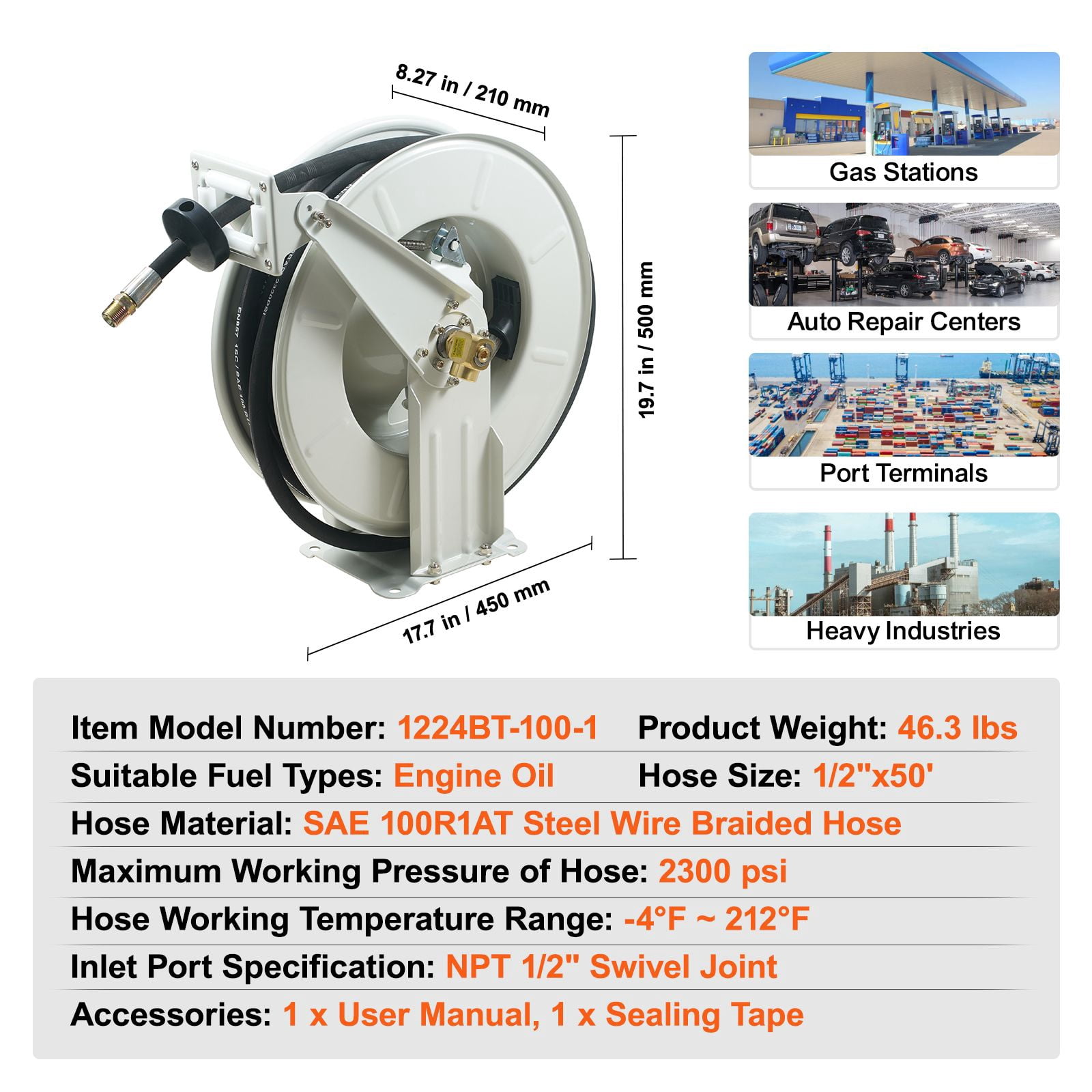 1/2" x 50' Extra Long Fuel Hose Reel, Spring-Driven Auto Rewind Swivel, Heavy-Duty Carbon Steel Construction, 2300 PSI Pressure Rating, for Auto Repair & Industrial Use