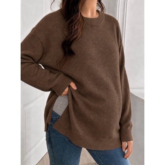 Maternity Long Sleeve Sweater for Women Crew Neck Drop Shoulder Loose Fit Side Slit Tunic Pullover