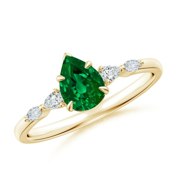 ANGARA Lab Grown Pear-Shaped Emerald Side Stone Engagement Ring in 14K Yellow Gold for Women (Size-7x5mm) | May Birthstone, Birthday, Anniversary, Jewelry Gift for Women | Lab Grown Emerald Ring