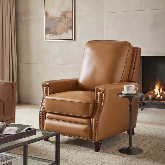 Tina's Home Upholstered Genuine Leather Recliner Chair with Solid Wood Legs, Camel