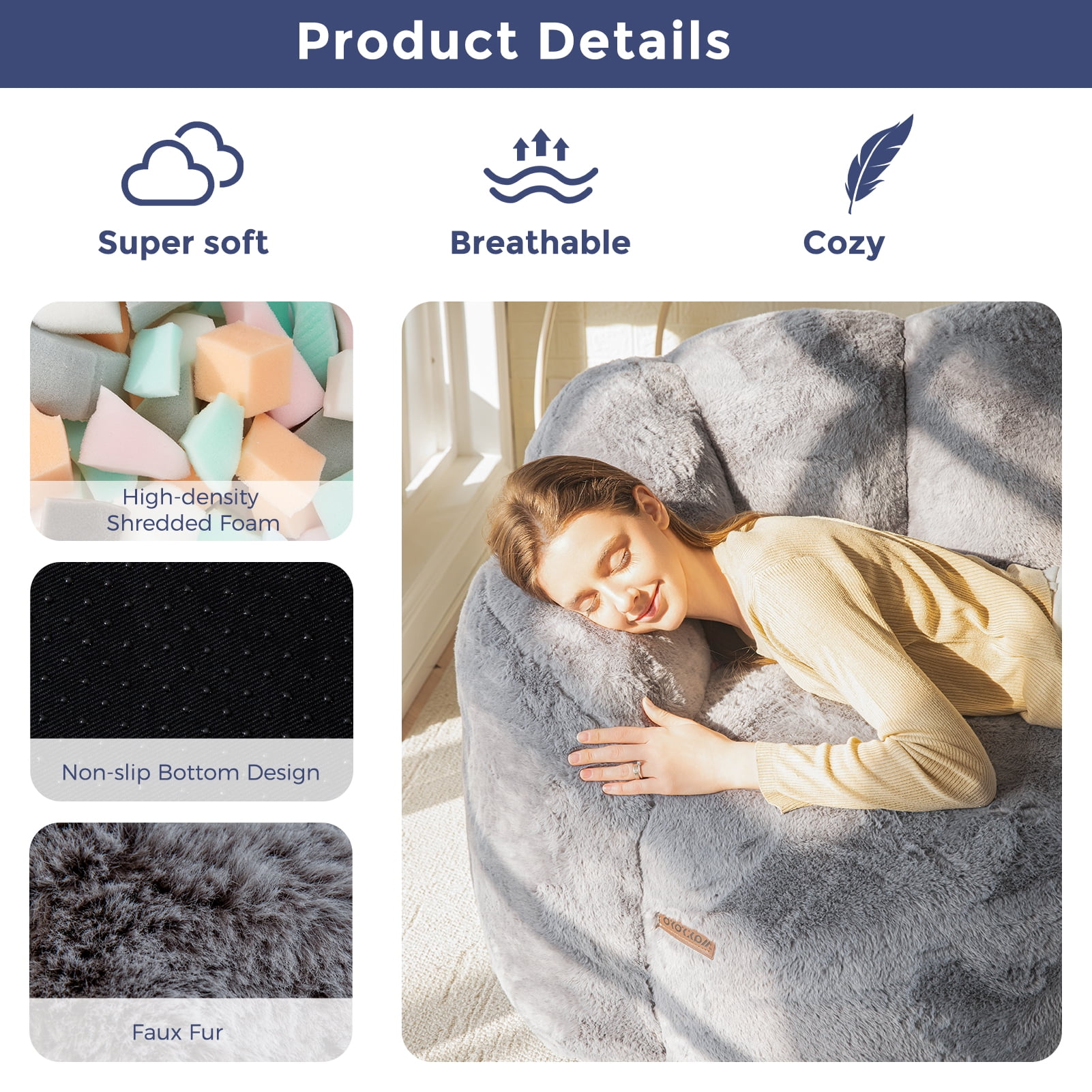 GOODONE Adult Bean Bag Chair,Flower Shaped Bean Bag Sofa,Super Soft Plush Reading Chair,High Elasticity Lazy Sofa,Suitable for Living Room and Bedroom,No Assembly Required,DGrey,Double