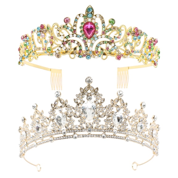 GIRACOA Crystal Rhinestone Bridal Tiara with Side Combs, Gold and White, 2-Pack