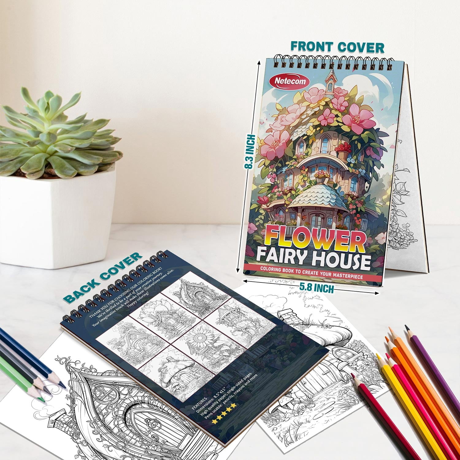 Netecom Flower Fairy House Coloring Book for Adults, A5 Wooden Cover, Spiral Bound Edition, 30 Delightful Coloring Pages of Fairy Garden for Stress Relief and Relaxation