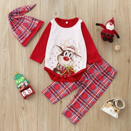 

Christmas Baby Long Sleeve Deer Plaid Print Tops Pants Xmas Family Clothes Pajamas