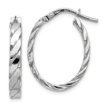 14k Patterned Hoop Earrings - 14K White Gold 3 MM Patterned Oval Hoop Earrings, 24 MM