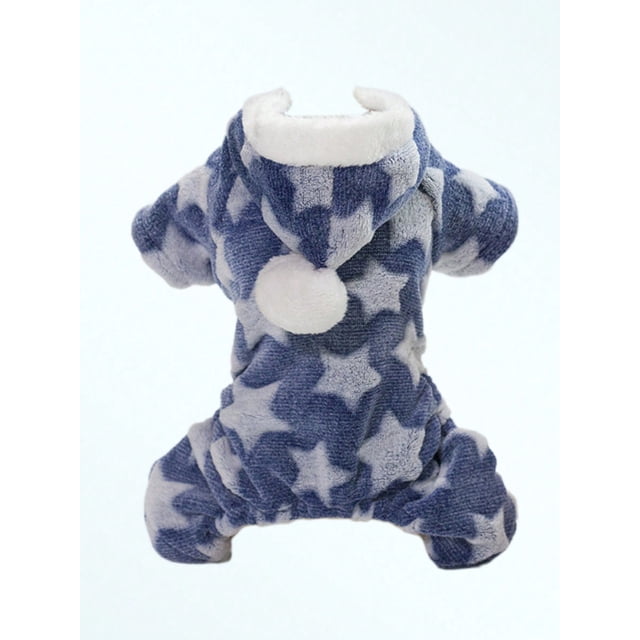 1pc Cat & Dog Coral Fleece Star Print Hooded Jumpsuit, Thick & Warm Pet Home Clothes