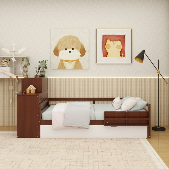 Twin Size Wood Platform Bed with Sample Bookshelf and Movable Wardrobe, Multifunctional Bed with Built-in Trundle Bed, Walnut