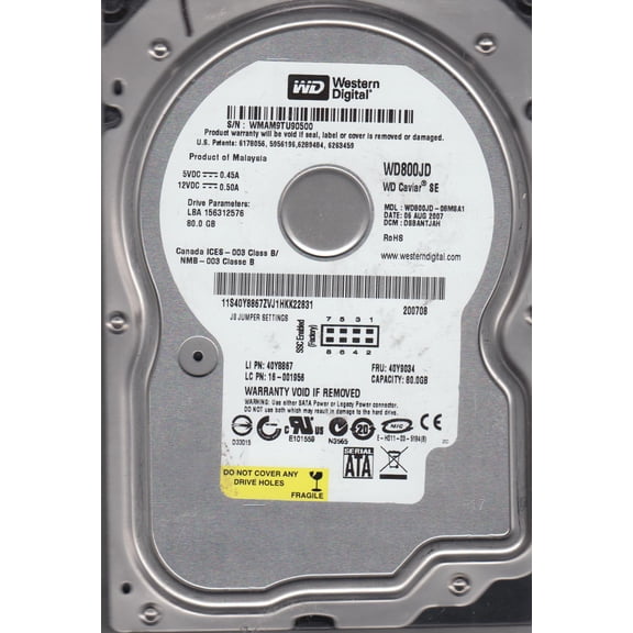 WD800JD-08MSA1, DCM DSBANTJAH, Western Digital 80GB SATA 3.5 Hard Drive
