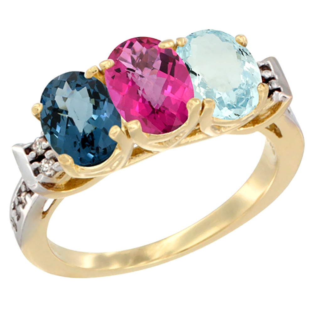 10K Yellow Gold Natural London Blue Topaz, Pink Topaz & Aquamarine Ring 3-Stone Oval 7x5 mm Diamond Accent, sizes 5 10 by WorldJewels