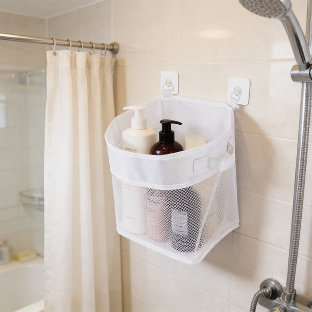 Baño Organizador de Ducha con Bolsa de Malla Colgante para Pared con Asas, Organizador de Nylon Impermeable para Artículos de Tocador, Juguetes y Accesorios de Baño, Blanco
