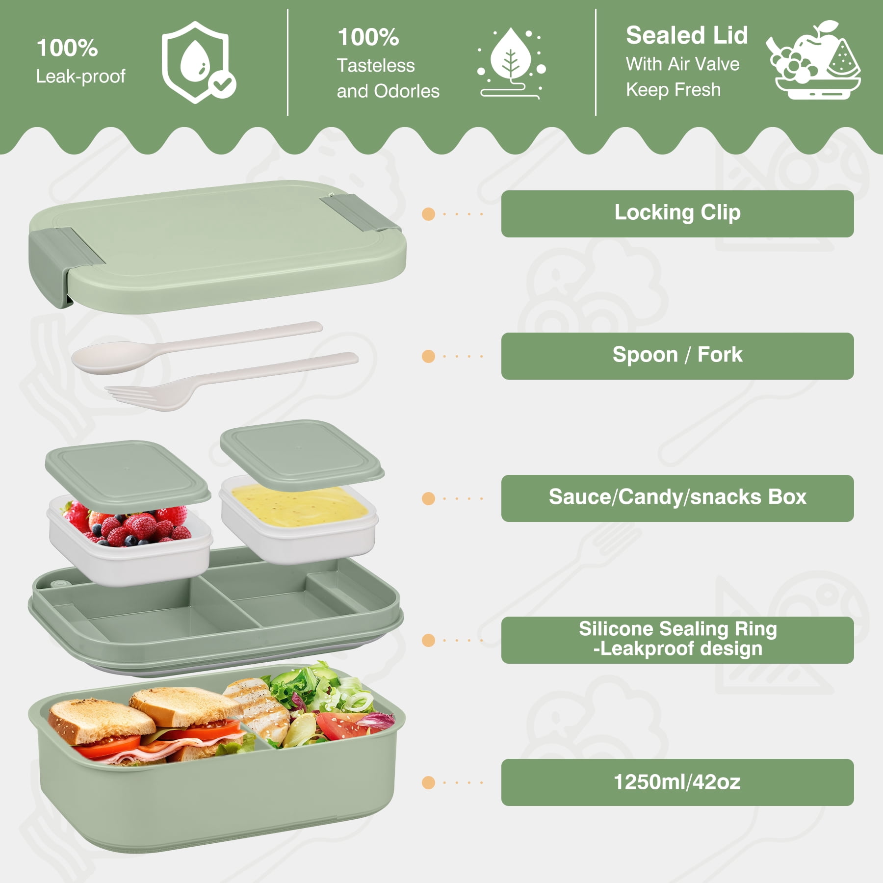 Bento Lunch Box Set with 10.5oz Soup Thermo for Adults Kids, Leak-proof Food Jar Lunch Container with 4 Compartment, Stainless Steel Coffee Tumbler with Lunch Bag for School Travel Office Green
