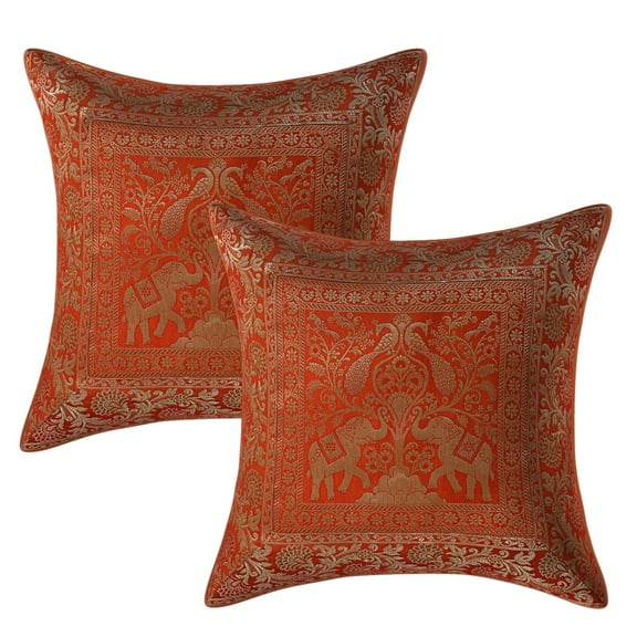 Stylo Culture Indian Settee Sofa Throw Pillow Covers 16x16 Jacquard Peacock Orange Traditional 40cm x 40cm Home Decor Brocade Elephant Zippered Square Cushion Covers | Set Of 2
