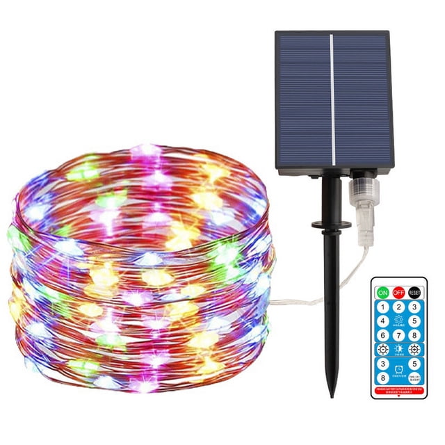 Guirnalda de luces solares, cadena de luces de alambre de cobre impermeable, decoración para jardín, balcón, patio, puerta, patio, boda (cuatro colores, 300 luces, 32 metros, control remoto 2025 cuent