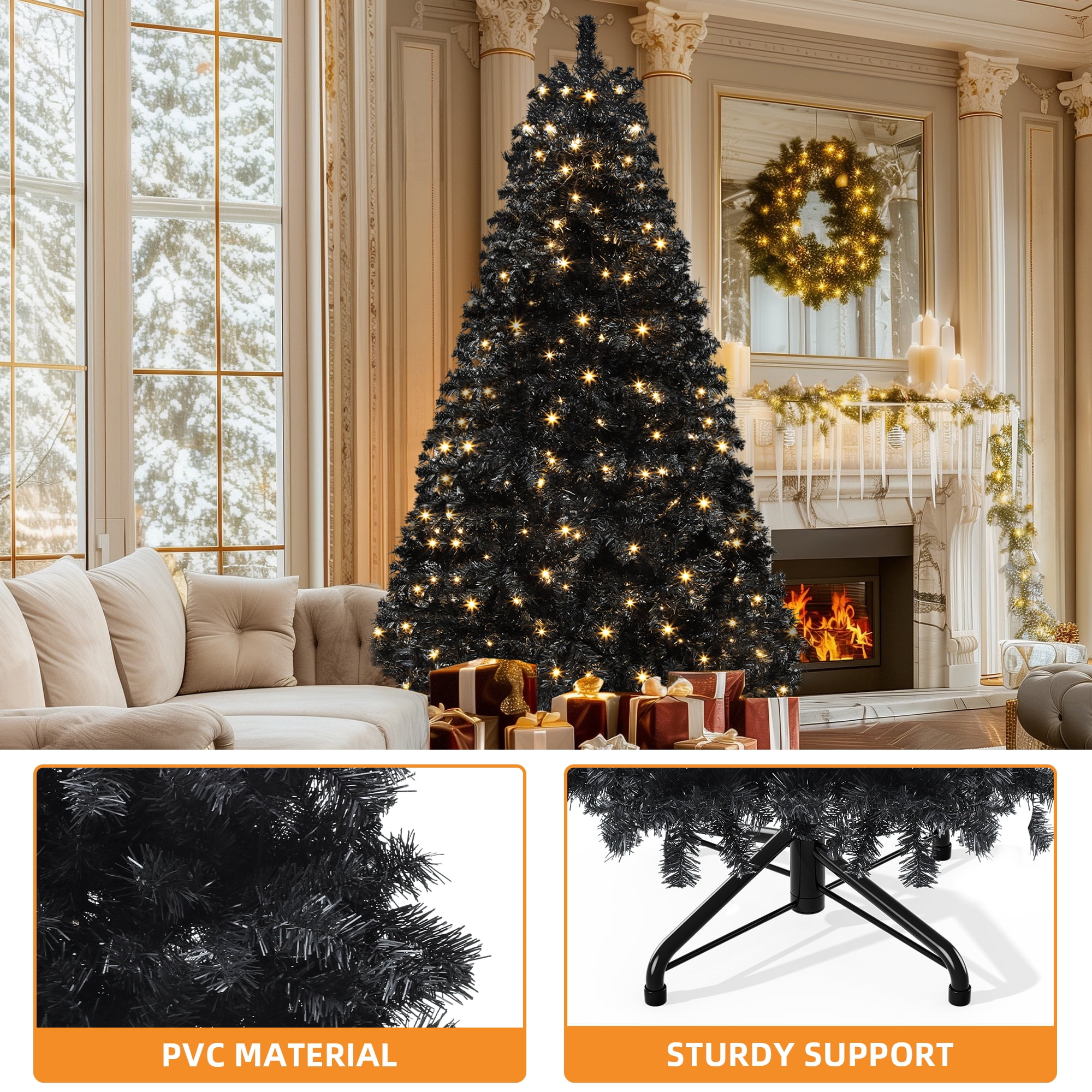 Uforic 6ft Pre-Lit Artificial Christmas Tree,Hinged Black Halloween Christmas Tree with 818 Branch Tips and 250 Lights,Black
