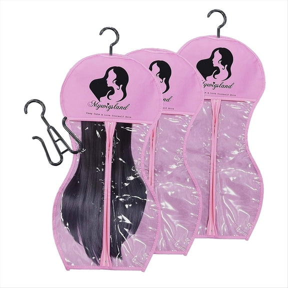 Wig Storage Bags with Hanger,Wig Hanger for Multiple Wigs,Wig Bags,Hourglass-Shaped Bag 3 PCS Pink