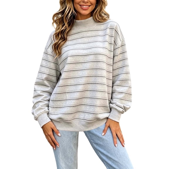 CHGBMOK Women's Mock Neck Sweatshirt Striped Long Sleeve Casual Pullover Tops Drop Shoulder Loose Fit Basic Sweatshirts