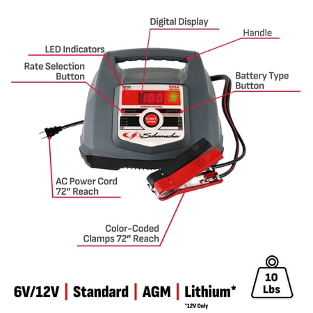 SCHUMACHER ELECTRIC 6A CAR BATTERY CHARGER AND 100A ENGINE START, MAINTAINER, 30A BOOST, BATTERY AND ALTERNATOR TESTER, 6V/12V BATTERIES, SC1564
