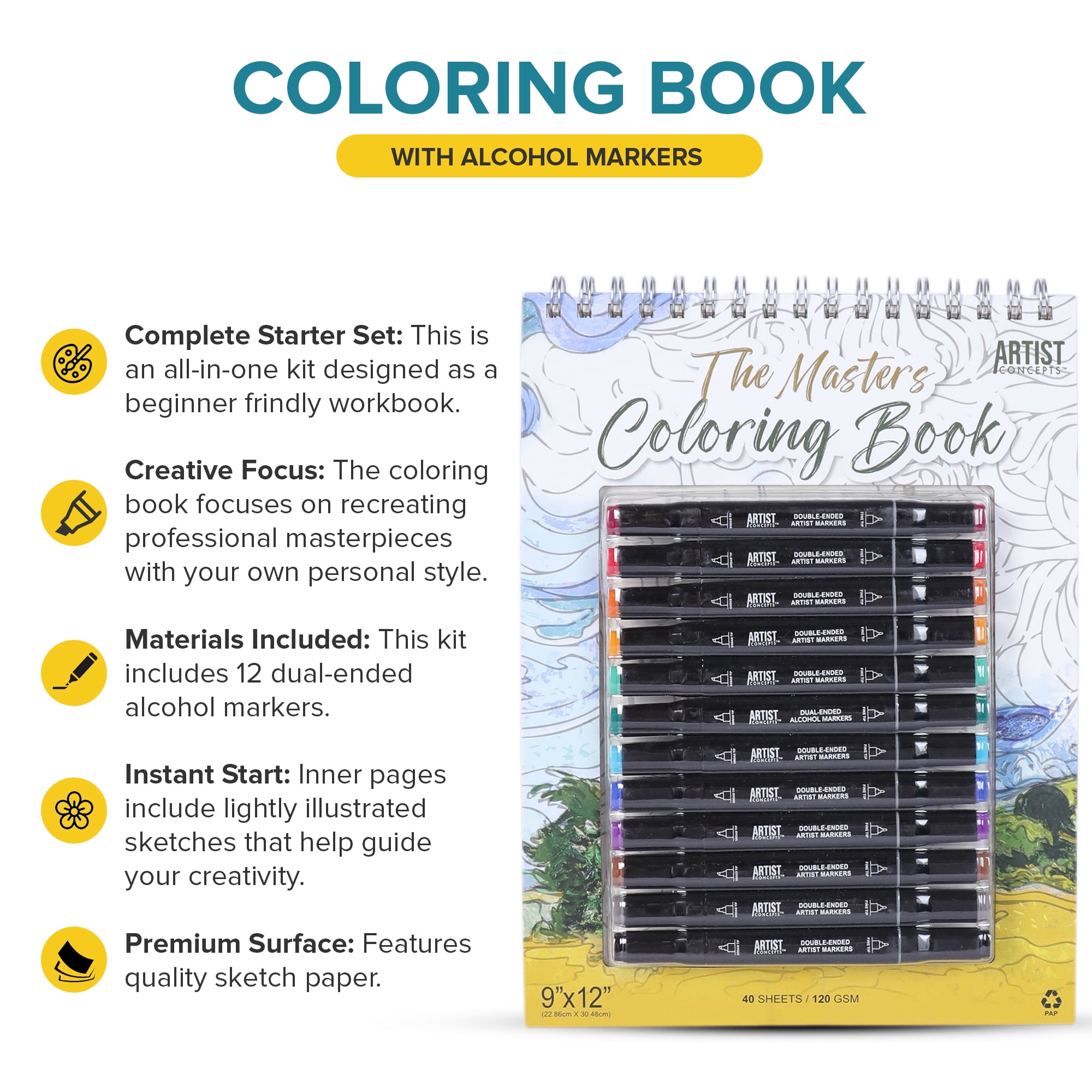 Artist Concepts Coloring Book with 12 Dual-Ended Alcohol Markers for Coloring, Black