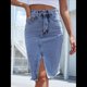 thumbnail image 5 of Falda Vaquera Midi Ajustada con Cintura Alta, Abertura Frontal y Dobladillo Sin Rematar para Mujer Azul L, 5 of 10