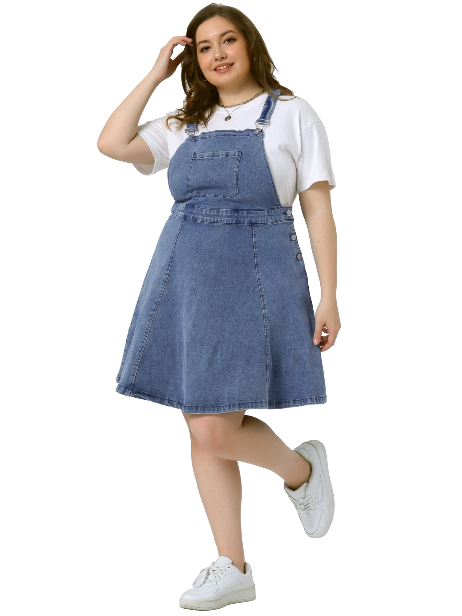Unique Bargains Women's Plus Size Adjustable Straps Pockets Denim Dress 1X Gray Blue
