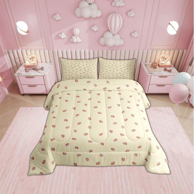 Erosebridal Ensembles de Literie Kawaii Fraise Simple avec Couette pour Filles, Insert de Couette Fruit Sucré, Réversible 2 Pcs, Réversible
