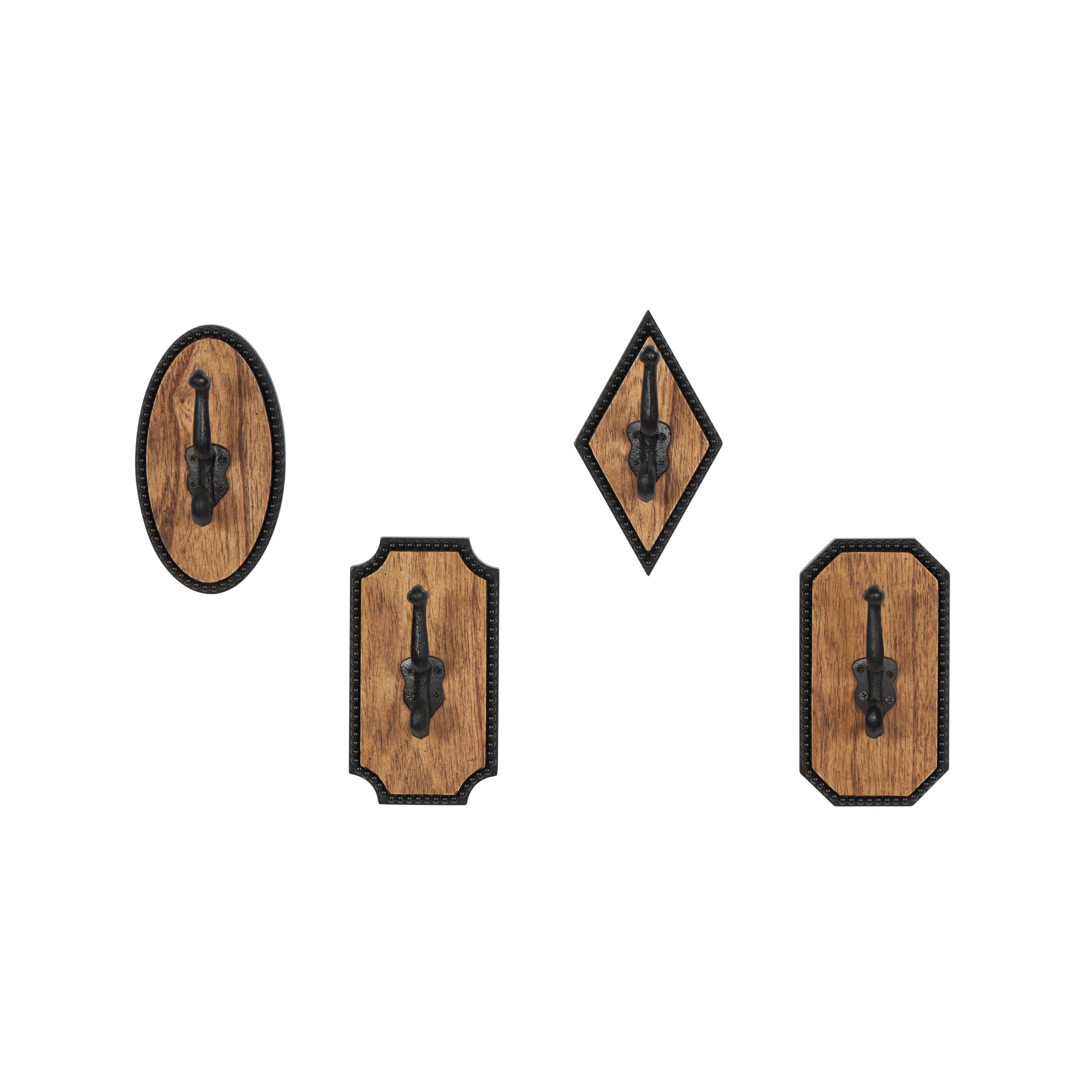 DecMode 4"W, 7"H Brown Wooden Vintage Inspired Geometric Wall Hook with Black Beaded Frames, 4-Pieces