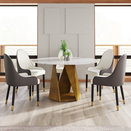 Dining Table 53 Round Sintered Stone Top with Bronze Iron Pedestal Base Modern White and Bronze Kitchen Table for 6 People Heat and Scratch Resistant for Dining Room and Living Room