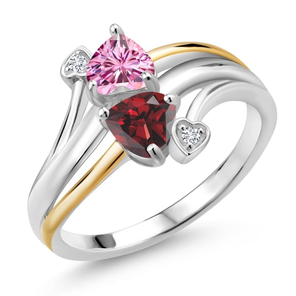 Gem Stone King 925 Silver and 10K Yellow Gold Ring Heart Shape Pink Moissanite and Garnet Red (1.12 Cttw, Size 8)