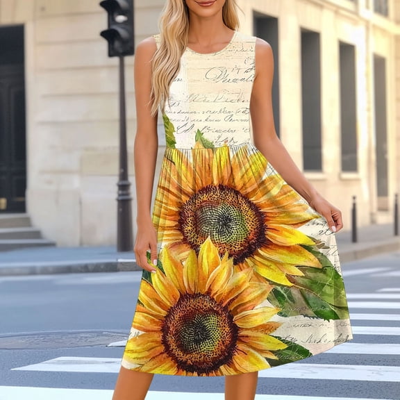 Uscallm Women's Sleeveless Round Neck Midi Dress Sunflower Pleated A-Line Boho Casual Summer Beach Vacation Sundress Outfits, Yellow XL