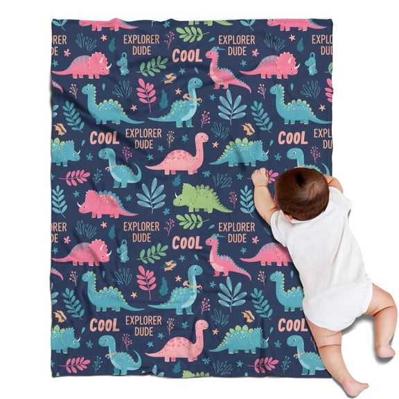 DarkBlue Cartoon Dinosaurs Explorer Pattern Blanket,Comfortable Soft Flannel Throw Blanket,All Season,Warm Lightweight Blankets for Sofa Bed Couch Living Room Chair,30"x40"
