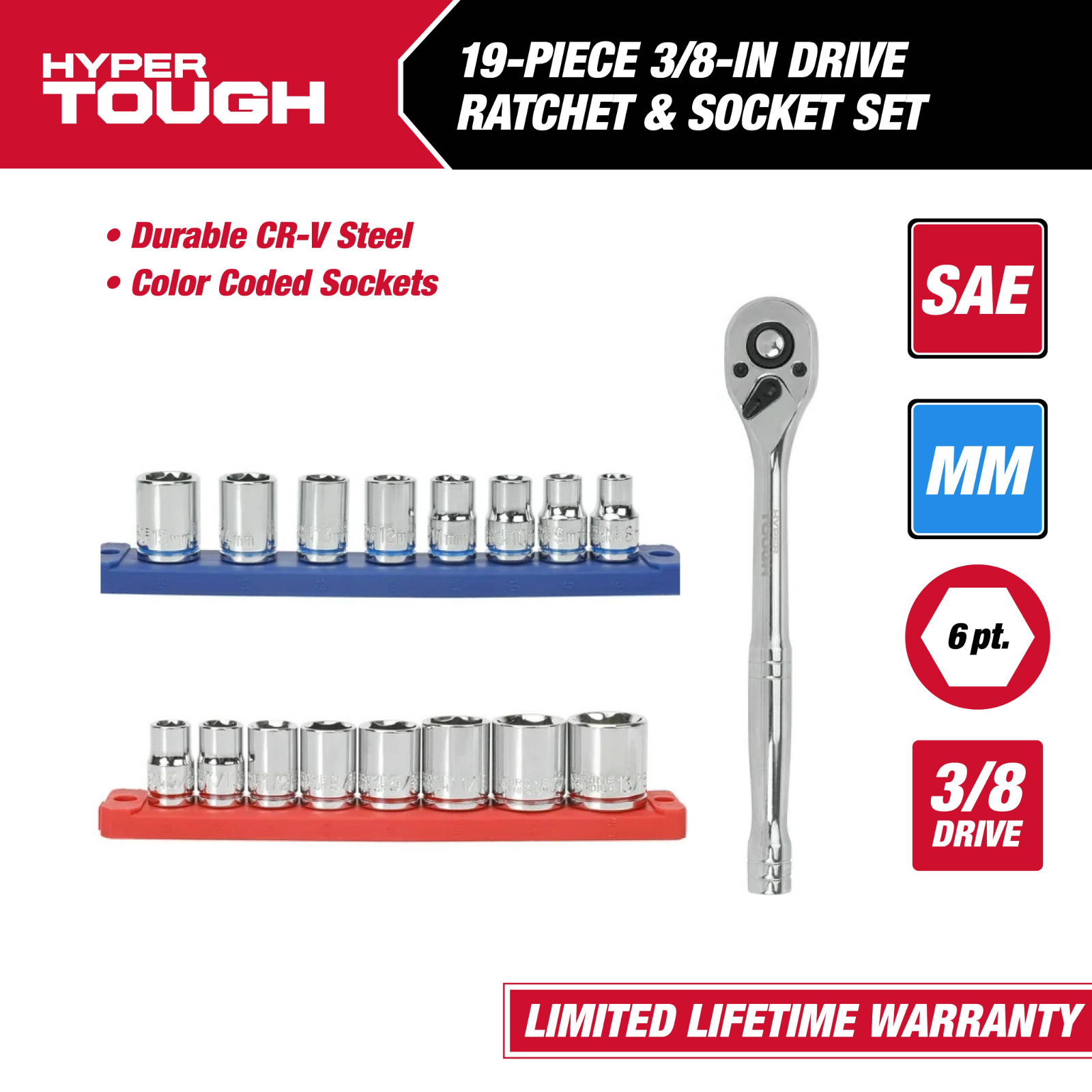 Set de 19 Piezas de Carraca y Dados con Accionamiento de 3/8-Pulgada Hyper Tough (SAE y mm) 2