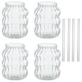 thumbnail image 2 of 4 Pcs Ribbed Glass Cups with Straws,21 Oz Vintage Drinking Glassware with Wave Shape Design,Bubble Cups for Iced Coffee,Juice,Beverage,Milk,Cocktails,Bubble Tea and More, 2 of 9