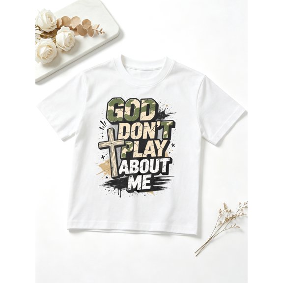 Boys Faith Cross Graphic Tees, Camo Letter Short Sleeve Kids T-Shirt, 100% Cotton Soft Casual Tops for Children