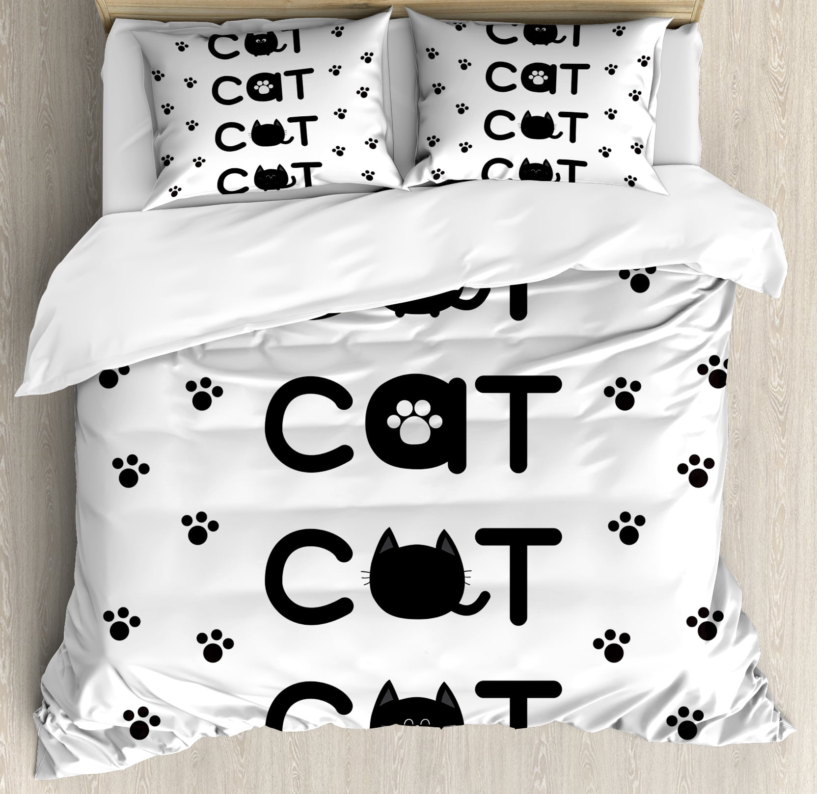 Kitty Duvet Cover Set Cat Text Out Of Round Shaped Cute Cats With Kitty Duvet Cover Set Cat Text Out Of Round Shaped Cute Cats With Little Paw Prints In Black And White Decorative Bedding Pillow Shams