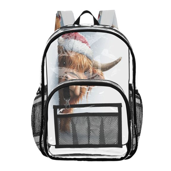 Clear PVC Backpack 12L Transparent Shoulder Bag with Mesh Pockets Lovely Christmas Highland Cow