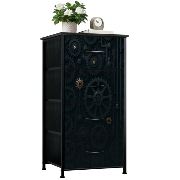 Dresser for Bedroom with 4 Storage Drawers Intricate Dark Mechanical Gears Copper Accents Dressers Chest of Drawers Steel Framed Fabric Closet Organizers for Entryway