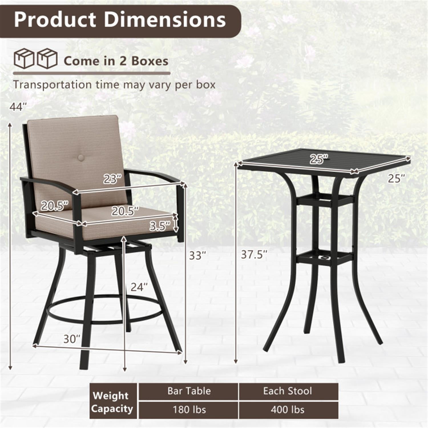 Demi Bonn 3 Pieces Patio Swivel Bar Set with Soft Cushions and Umbrella Hole, Outdoor Bistro Sets Accent Furniture for Yard, Garden, Brown
