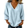thumbnail image 2 of Womens Summer Casual Imitation Cotton And Linen Tunic Blouse 3/4 Sleeve V Neck Peasant Shirts Beach Vacation Tees | CSEONE,Light Blue XL, 2 of 5
