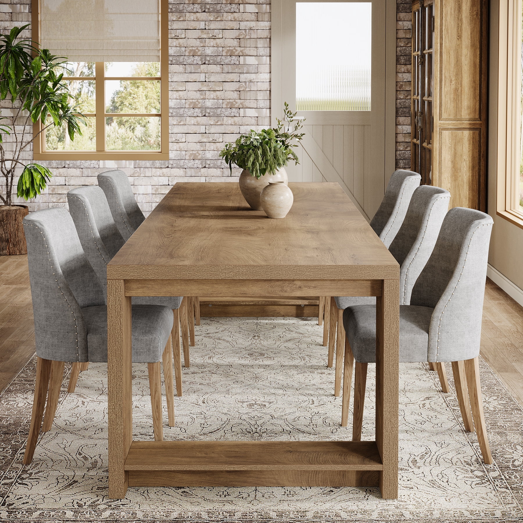 Tribesigns 86.61-inch Dining Table for 6-8, Farmhouse Narrow Kitchen Table with Wood Pedestal Base, Light Brown