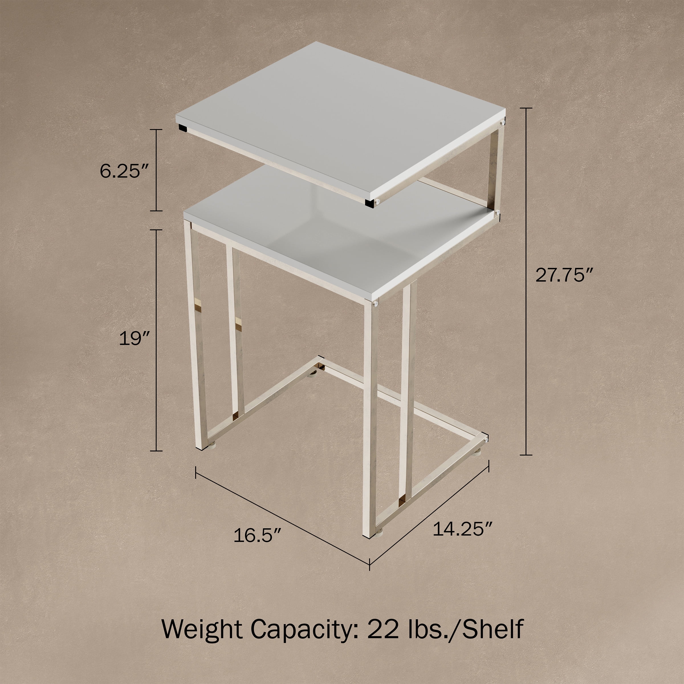 Lavish Home 2-Tier C-Shaped Side Table with Chrome Metal Finish (White)
