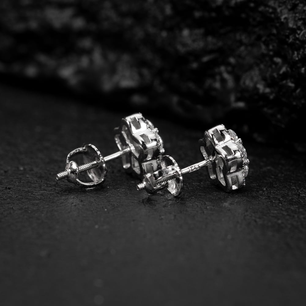 Men's Women's White Gold Sterling Silver Flower Cluster Star Hip Hop Screw Back Stud Earrings