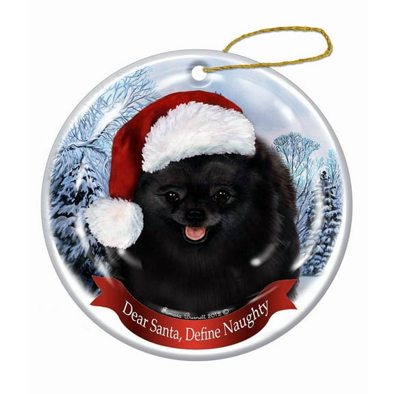 Holiday Pet Gifts Pomeranian (Blk) Santa Hat Dog Porcelain Christmas Ornament